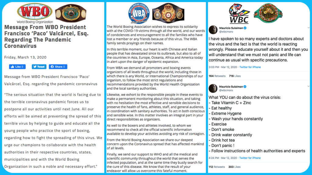 Latest statements from boxings governing bodies on coronavirus. WBA WBO seem to agree on taking the matter very seriously, but the WBC presidents (Foto Cortesía)