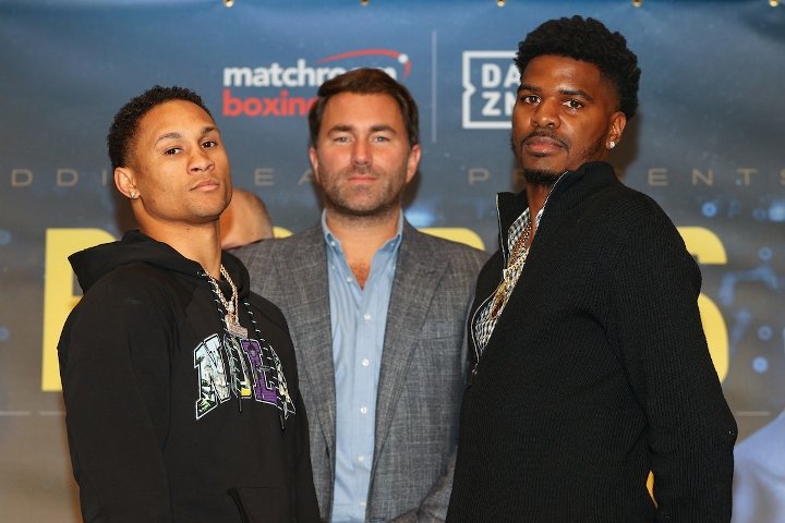 February 27, 2020; Frisco, TX, USA; Regis Prograis and Maurice Hooker pose after the press conference announcing their April 17, 2020 Matchroom Boxing USA fight which will take place at the MGM National Harbor in Oxen Hill, MD. Mandatory Credit: Ed Mulho