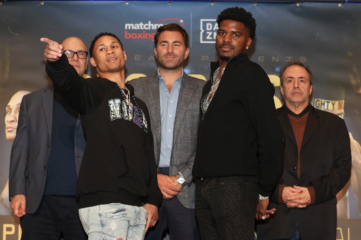 February 27, 2020; Frisco, TX, USA; Regis Prograis and Maurice Hooker pose after the press conference announcing their April 17, 2020 Matchroom Boxing USA fight which will take place at the MGM National Harbor in Oxen Hill, MD. Mandatory Credit: Ed Mulho