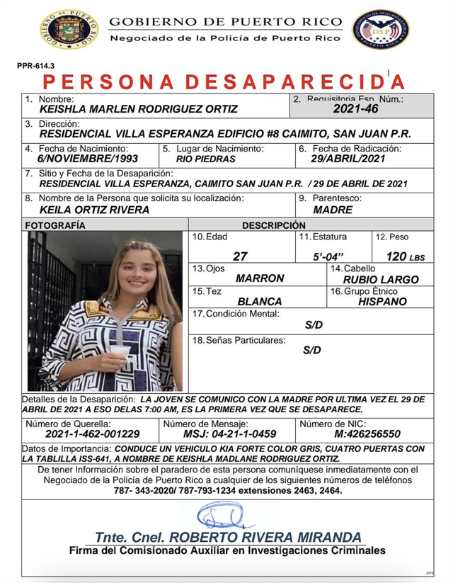 Ficha de personas desaparecida en relación a Félix Verdejo