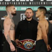Belfast, UK: Lewis Crocker and Jose Felix Jr Weigh In ahead of their WBO Intercontinental Welterweight Title Tomorrow night. 26 January 2024 Picture By Mark Robinson Matchroom Boxing