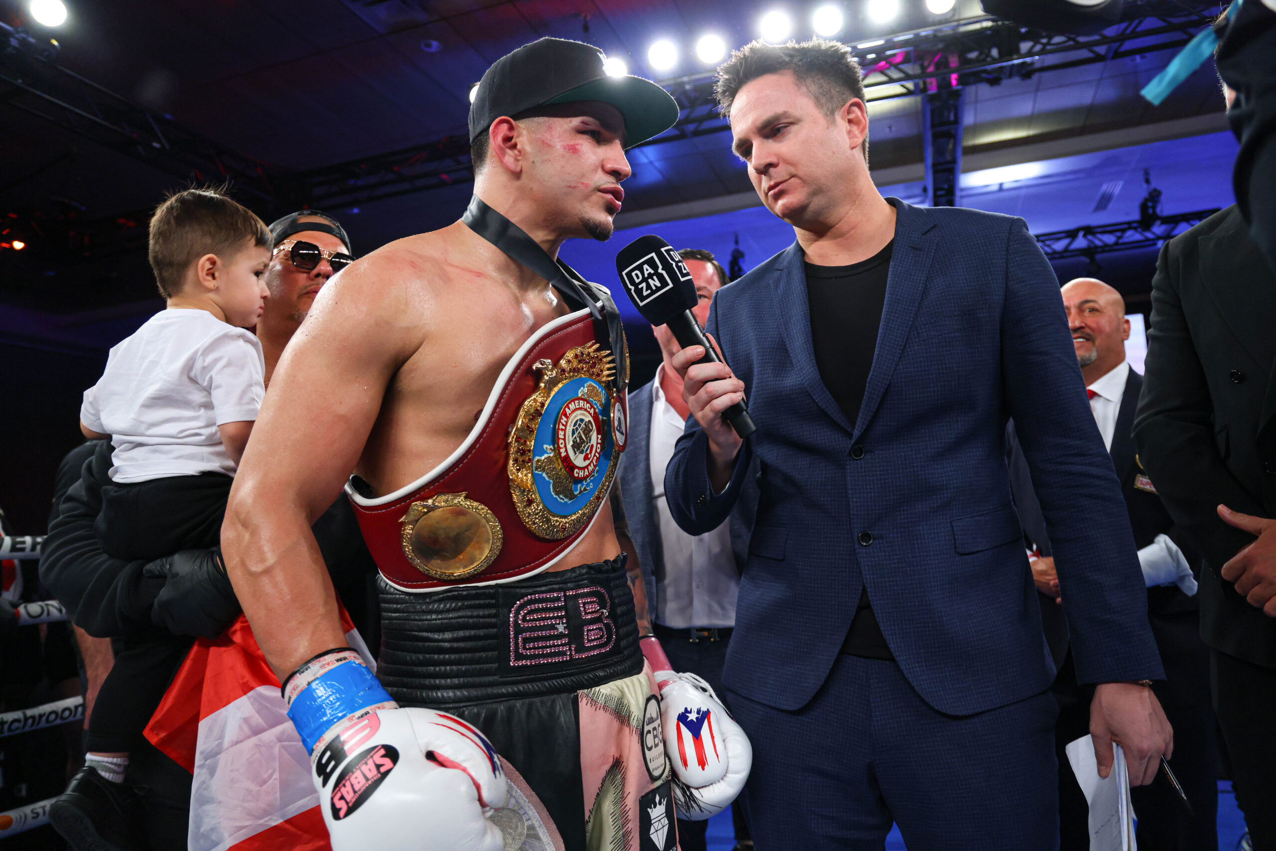 February 24, 2024; Orlando, Florida, USA; Edgar Berlanga is interviewed by Chris Mannix after his win over Padraig McCrory after their fight at the Caribe Royale in Orlando, Florida. Mandatory Credit: Ed Mulholland/Matchroom.