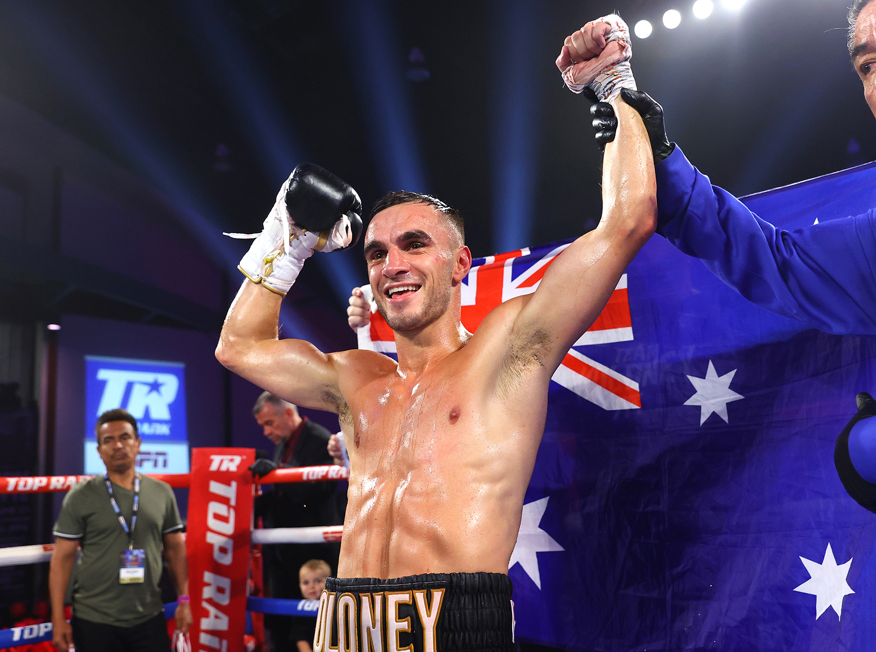 COSTA MESA, CALIFORNIA - APRIL 09: Andrew Moloney is victorious as he defeats Gilberto Mendoza during their junior bantamweight fight at The Hangar on April 09, 2022 in Costa Mesa, California. (Photo by Mikey Williams/Top Rank Inc via Getty Images)