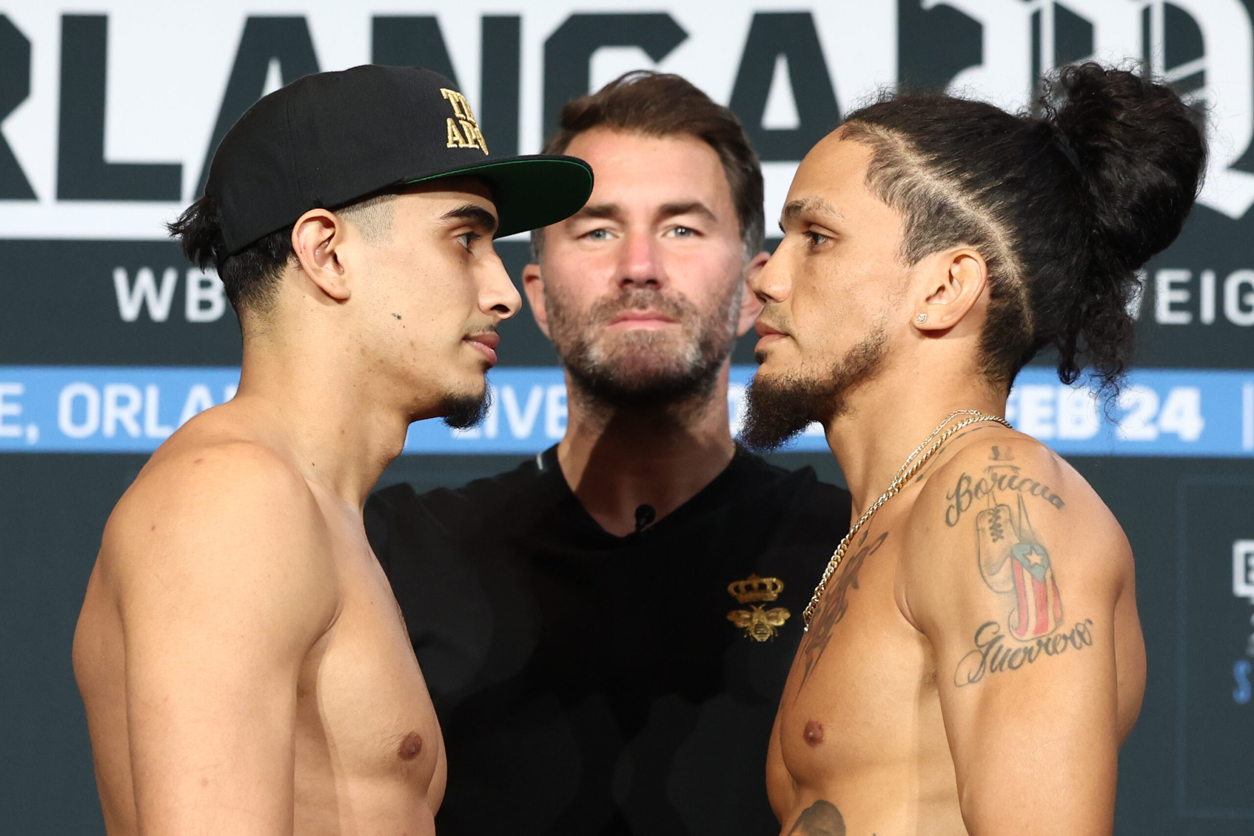 Aaron Aponte and Joseph Fernandez pose after weighing in for their February 24, 2024 fight at the Caribe Royale Resort in Orlando, FL. Mandatory Credit: Ed Mulholland/Matchroom.