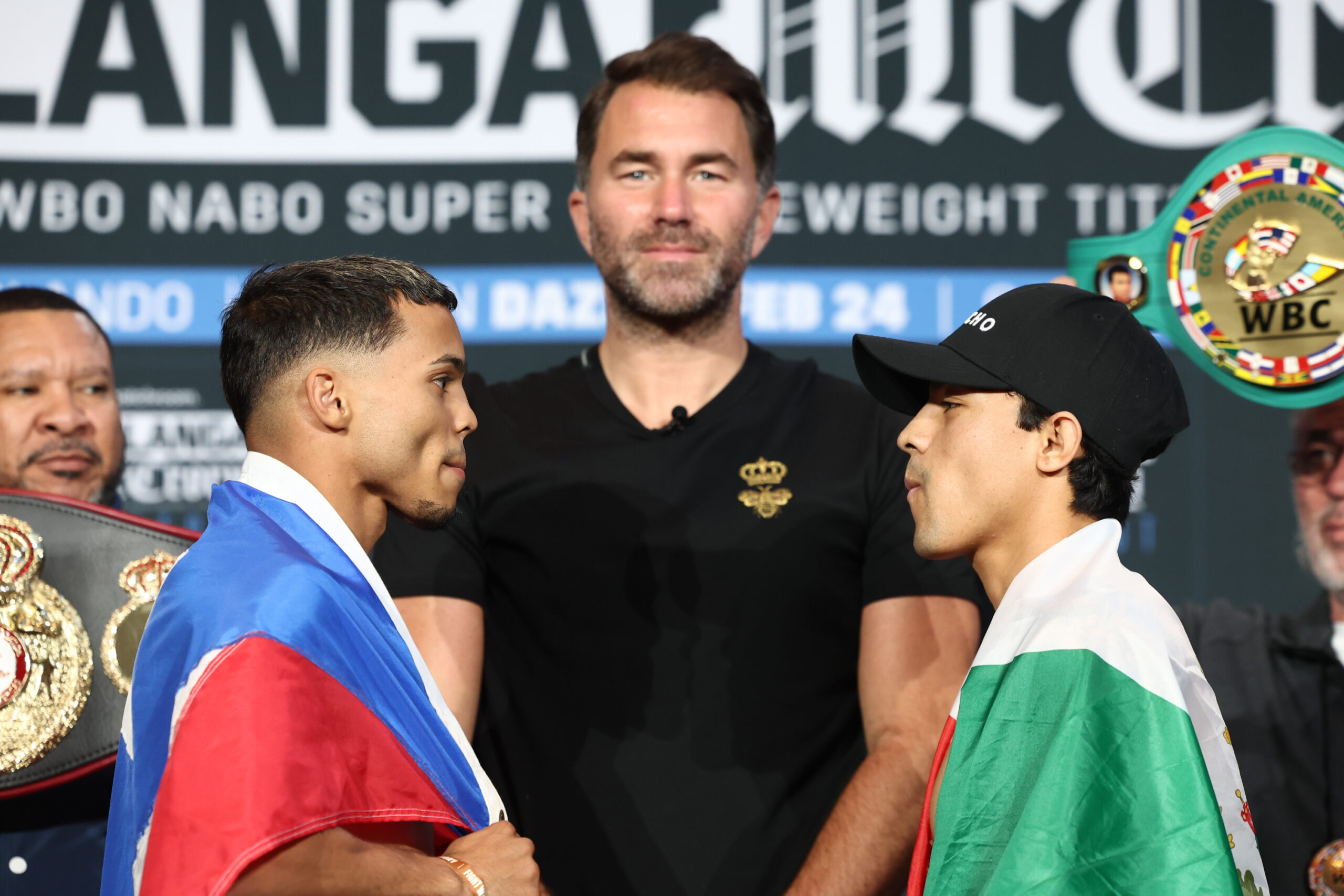Yankiel Rivera and Andy Dominguez pose after weighing in for their February 24, 2024 fight at the Caribe Royale Resort in Orlando, FL. Mandatory Credit: Ed Mulholland/Matchroom.