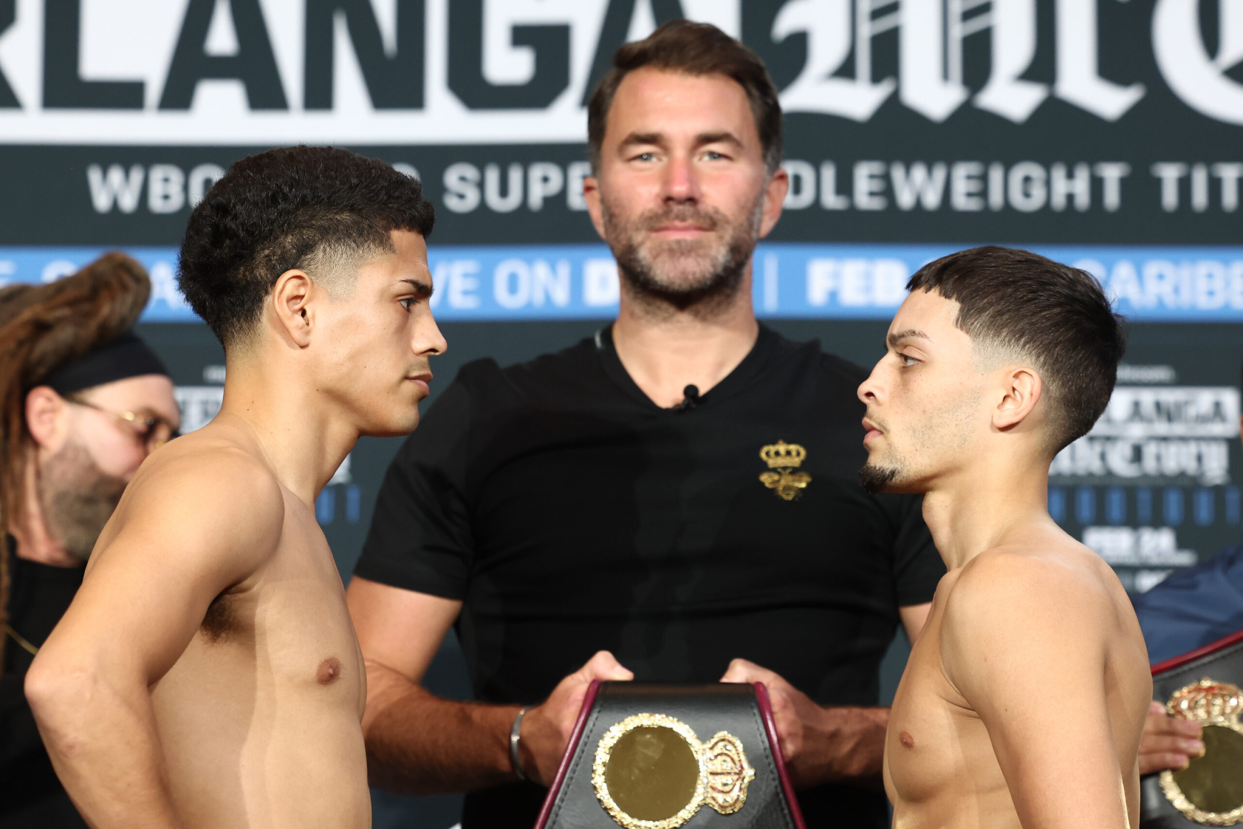 Antonio Vargas and Jonathan Rodríguez pose after weighing in for their February 24, 2024 fight at the Caribe Royale Resort in Orlando, FL. Mandatory Credit: Ed Mulholland/Matchroom.