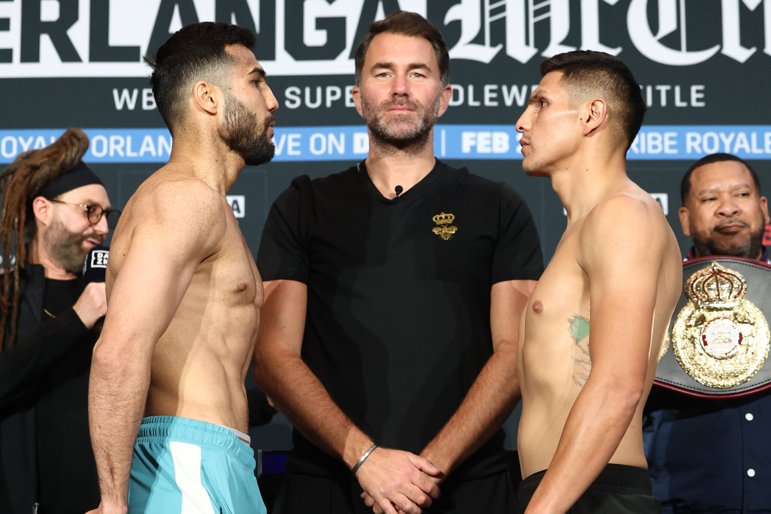 Shakhram Giyasov and Pablo Cesar Cano pose after weighing in for their February 24, 2024 fight at the Caribe Royale Resort in Orlando, FL. Mandatory Credit: Ed Mulholland/Matchroom.