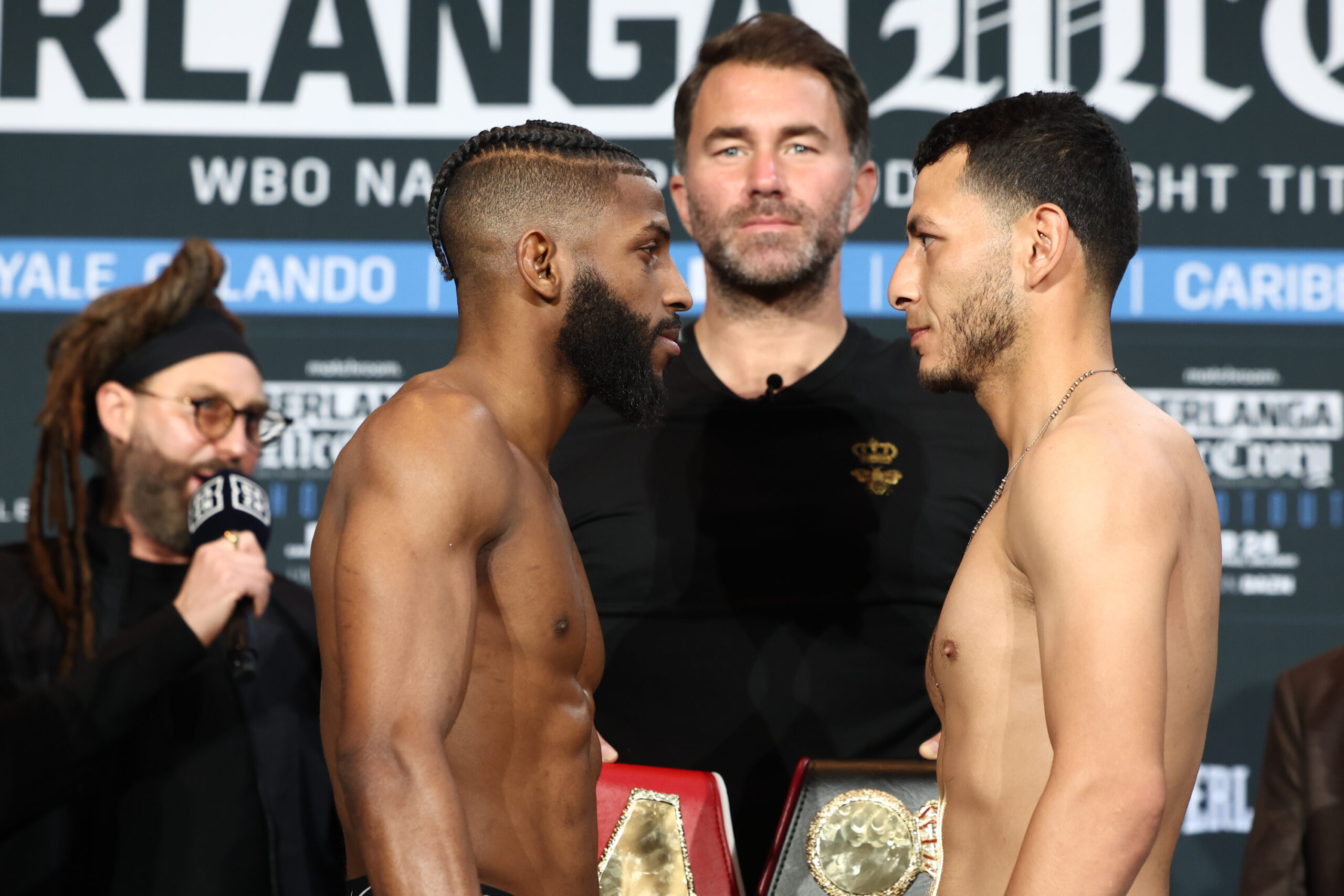 February 23, 2024; Orlando, FL; Andy Cruz and Brayan Zamarripa pose after weighing in for their February 24, 2024 fight at the Caribe Royale Resort in Orlando, FL. Mandatory Credit: Ed Mulholland/Matchroom.