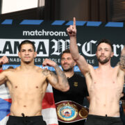 February 23, 2024; Orlando, FL; Edgar Berlanga and Padraig McCrory pose after weighing in for their February 24, 2024 fight at the Caribe Royale Resort in Orlando, FL. (Foto: Ed Mulholland/Matchroom).
