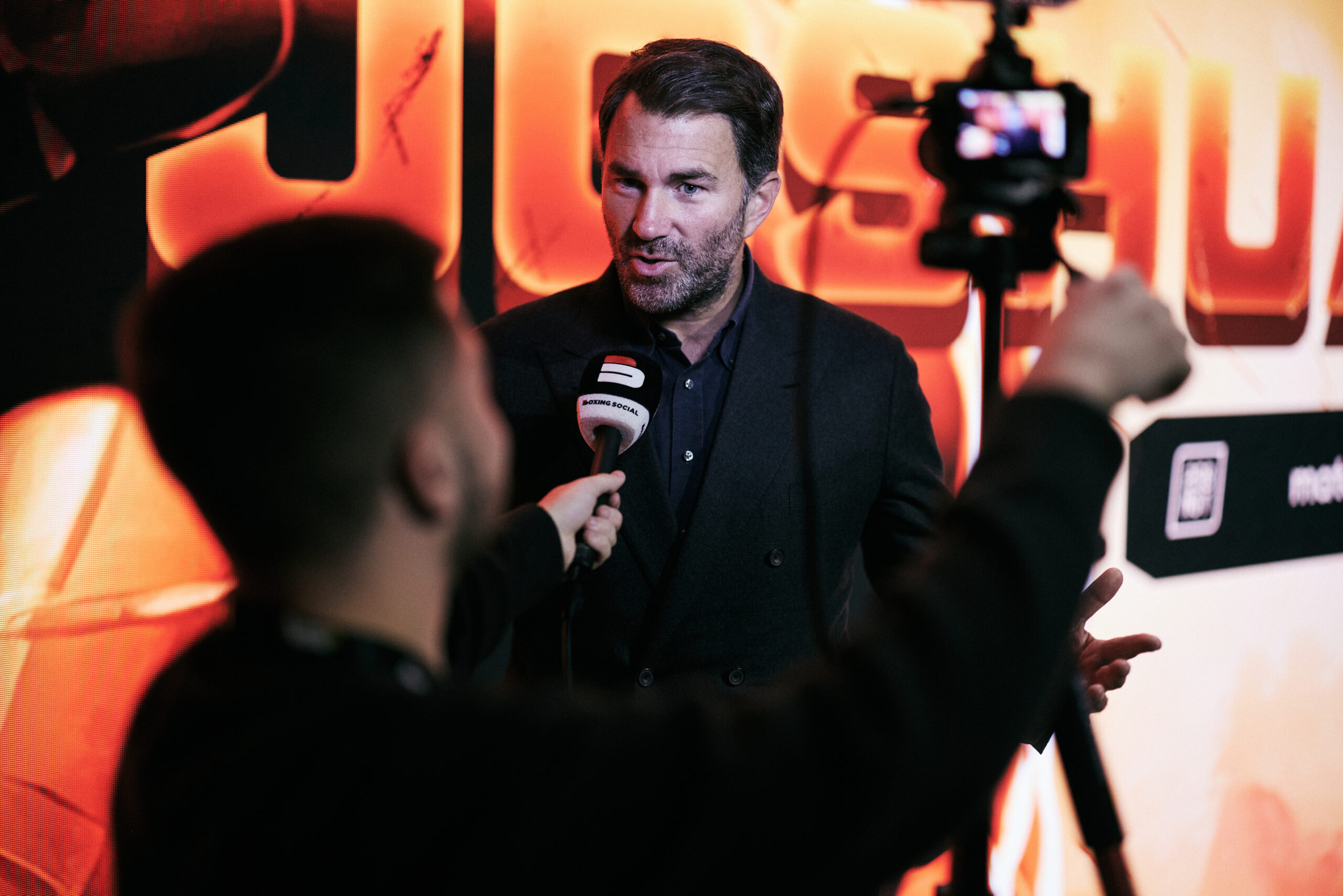 London, London: Eddie Hearn speaks to Media ahead of the upcoming Anthony Joshua and Francis Ngannou fight Press Conference.