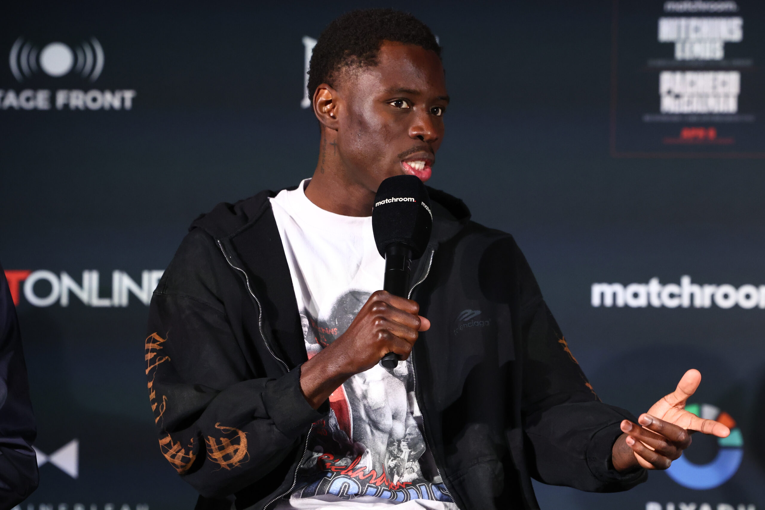 April 4, 2024; Las Vegas, NV; Richardson Hitchins speaks during the final press conference for his fight on Saturday, April 6, 2024 at the Bleaulive Theater at Fontainebleau Las Vegas.  Mandatory Credit: Ed Mulholland/Matchroom.