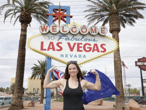 March 29, 2024; Las Vegas, Nevada, USA; Skye Nicolson poses for a photo at the Las Vegas sign ahead of her bout versus Sarah Mahfoud on April 6, 2024 at the Fontainebleau in Las Vegas, Nevada. Mandatory Credit: Melina Pizano/Matchroom.
