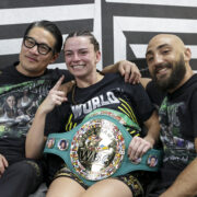 April 6, 2024; Las Vegas, Nevada, USA; Skye Nicolson poses for a photo with Eddie Lam and Bradley Skeete after winning her bout on April 6, 2024 at BleauLive Theater at Fontainebleau in Las Vegas, Nevada. Mandatory Credit: Melina Pizano/Matchroom.