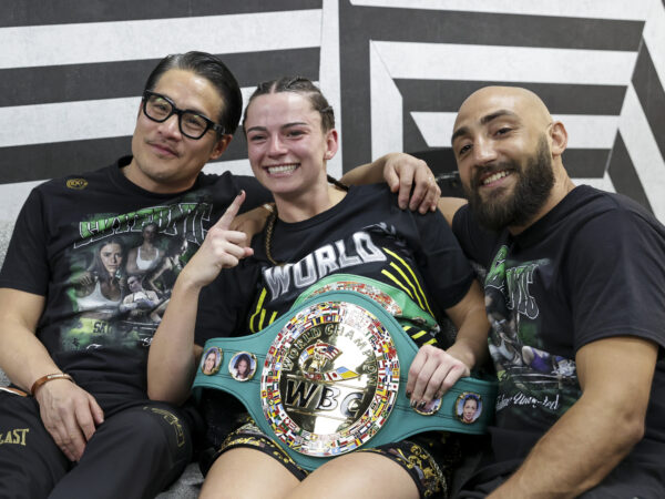 April 6, 2024; Las Vegas, Nevada, USA; Skye Nicolson poses for a photo with Eddie Lam and Bradley Skeete after winning her bout on April 6, 2024 at BleauLive Theater at Fontainebleau in Las Vegas, Nevada. Mandatory Credit: Melina Pizano/Matchroom.