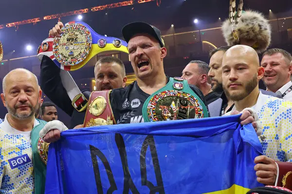 The Ukrainian boxer Oleksandr Usyk celebrating his victory on Sunday at Kingdom Arena in Riyadh, Saudi Arabia.Credit...Fayez Nureldine/Agence France-Presse — Getty Images