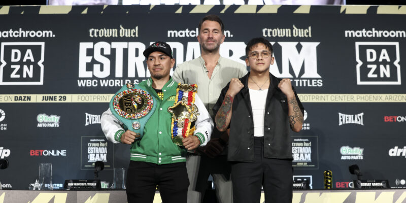 May 8, 2024; Phoenix, AZ; Juan Francisco Estrada and Jesse Rodriguez pose after the press conference announcing their upcoming fight. The fight will take place on June 29, 2024 at Footprint Center in Phoenix, Arizona. Mandatory Credit: Ed Mulholland/Matchroom.
