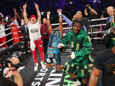 Alberto Puello, center, reacts as he retains his title after facing Gary Antuanne Russell in a WBC interim world super lightweight title boxing bout at MGM Grand Garden Arena on Saturday, June 15, 2024, in Las Vegas. (Ellen Schmidt/Las Vegas Review-Journal)