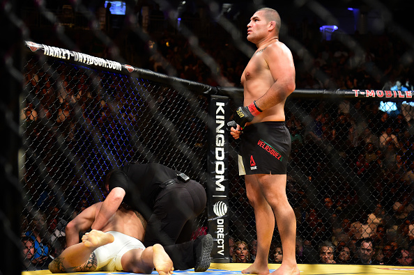LAS VEGAS, NV - JULY 09: Cain Velasquez reacts after his victory over Travis Browne in their heavyweight bout during the UFC 200 event on July 9, 2016 at T-Mobile Arena in Las Vegas, Nevada. (Photo by Harry How/Zuffa LLC/Zuffa LLC via Getty Images)