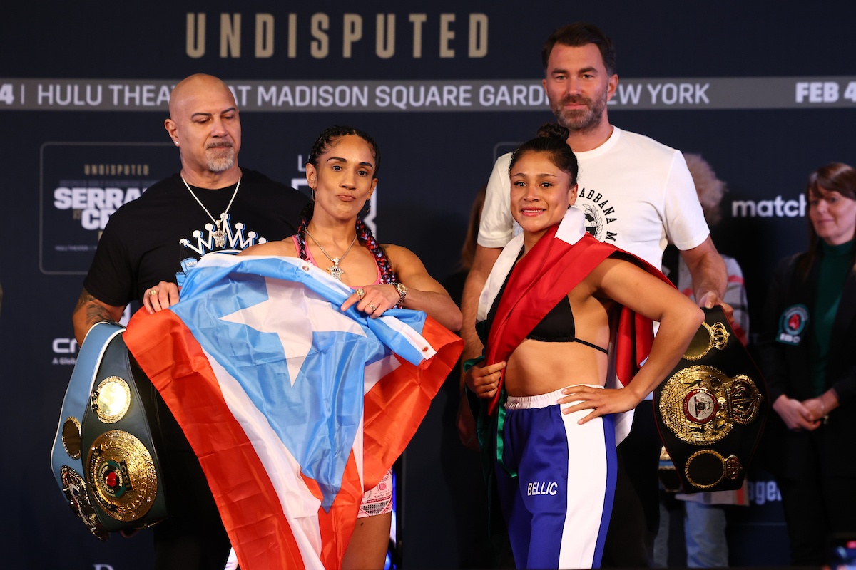 February 3, 2023; New York, NY, USA; Amanda Serrano and Erika Cruz pose after weighing in for their February 4, 2023 bout at the Hulu Theater at Madison Square Garden. Mandatory Credit: Ed Mulholland/Matchroom.