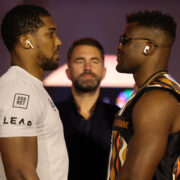 Riydah, Saudi Arabia: Anthony Joshua and Francis N'Gannou during their Final Press Conference ahead of their Heavyweight Contest on Friday night. 6 March 2024 Picture By Mark Robinson Matchroom Boxing