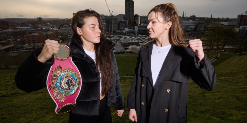 Sheffield, UK: Sandy Ryan and Terri Harper face off for the 1st time ahead of their WBO Welterweight Title fight on Saturday night.19 March 2024 Picture By Mark Robinson Matchroom Boxing