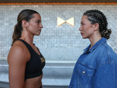 April 2, 2024; Las Vegas, NV; Skye Nicolson and Sarah Mahfoud face off outside the Fontainebleau Las Vegas for the first time during fight week. The two will fight on Saturday, April 6, 2024 at the BleauLive Theater at Fontainebleau Las Vegas. Mandatory Credit: Ed Mulholland/Matchroom.