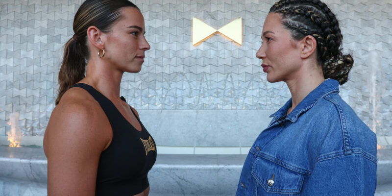 April 2, 2024; Las Vegas, NV; Skye Nicolson and Sarah Mahfoud face off outside the Fontainebleau Las Vegas for the first time during fight week. The two will fight on Saturday, April 6, 2024 at the BleauLive Theater at Fontainebleau Las Vegas. Mandatory Credit: Ed Mulholland/Matchroom.