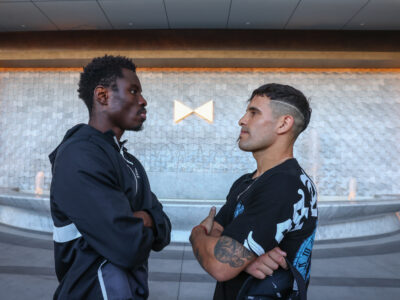 April 2, 2024; Las Vegas, NV; Richardson Hitchins and Gustavo Lemos face off outside the Fontainebleau Las Vegas for the first time during fight week. The two will fight in the main event of a Matchroom boxing card on Saturday, April 6, 2024 at the BleauLive Theater at Fontainebleau Las Vegas. Mandatory Credit: Ed Mulholland/Matchroom.