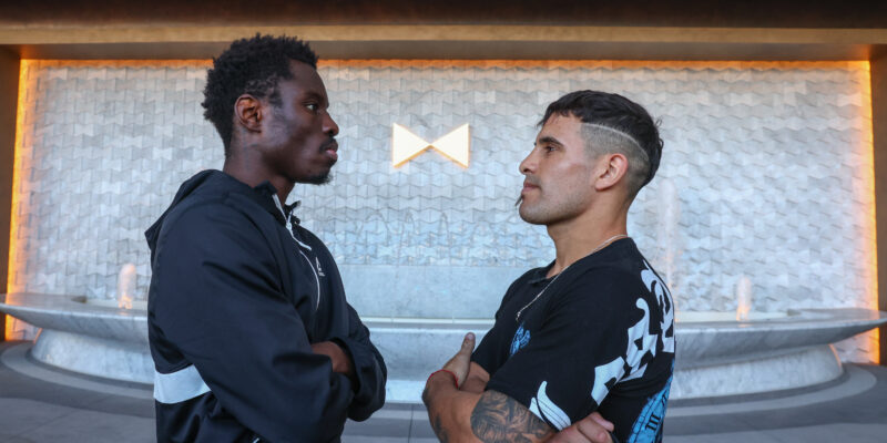 April 2, 2024; Las Vegas, NV; Richardson Hitchins and Gustavo Lemos face off outside the Fontainebleau Las Vegas for the first time during fight week. The two will fight in the main event of a Matchroom boxing card on Saturday, April 6, 2024 at the BleauLive Theater at Fontainebleau Las Vegas. Mandatory Credit: Ed Mulholland/Matchroom.
