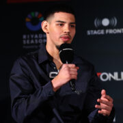 April 4, 2024; Las Vegas, NV; Diego Pacheco speaks during the final press conference for his fight on Saturday, April 6, 2024 at the Bleaulive Theater at Fontainebleau Las Vegas. Mandatory Credit: Ed Mulholland/Matchroom.