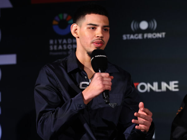 April 4, 2024; Las Vegas, NV; Diego Pacheco speaks during the final press conference for his fight on Saturday, April 6, 2024 at the Bleaulive Theater at Fontainebleau Las Vegas. Mandatory Credit: Ed Mulholland/Matchroom.