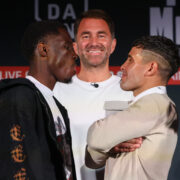 April 4, 2024; Las Vegas, NV; Richardson Hitchins and Gustavo Lemos pose after the final press conference for their fight on Saturday, April 6, 2024 at the Bleaulive Theater at Fontainebleau Las Vegas. Mandatory Credit: Ed Mulholland/Matchroom.