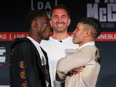 April 4, 2024; Las Vegas, NV; Richardson Hitchins and Gustavo Lemos pose after the final press conference for their fight on Saturday, April 6, 2024 at the Bleaulive Theater at Fontainebleau Las Vegas. Mandatory Credit: Ed Mulholland/Matchroom.