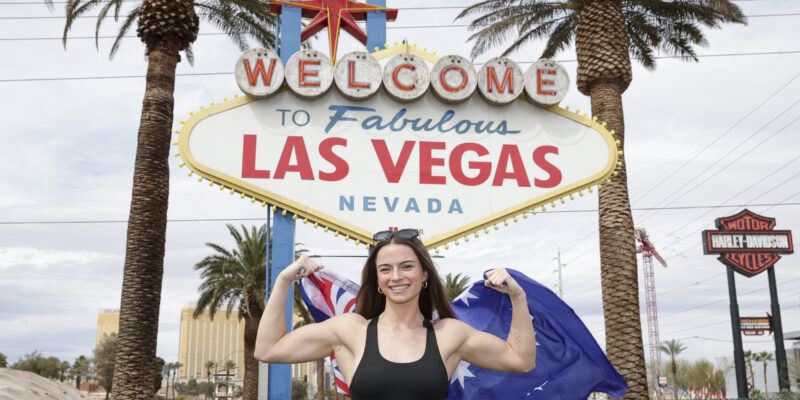 March 29, 2024; Las Vegas, Nevada, USA; Skye Nicolson poses for a photo at the Las Vegas sign ahead of her bout versus Sarah Mahfoud on April 6, 2024 at the Fontainebleau in Las Vegas, Nevada. Mandatory Credit: Melina Pizano/Matchroom.