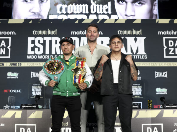 May 8, 2024; Phoenix, AZ; Juan Francisco Estrada and Jesse Rodriguez pose after the press conference announcing their upcoming fight. The fight will take place on June 29, 2024 at Footprint Center in Phoenix, Arizona. Mandatory Credit: Ed Mulholland/Matchroom.